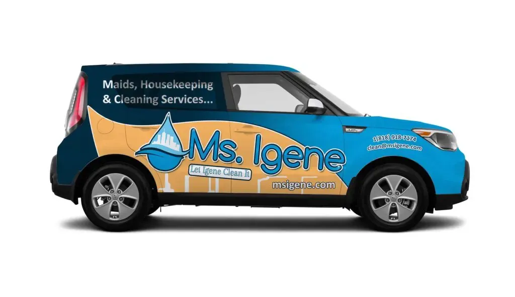 A blue and yellow van with the words ms. Igene on it